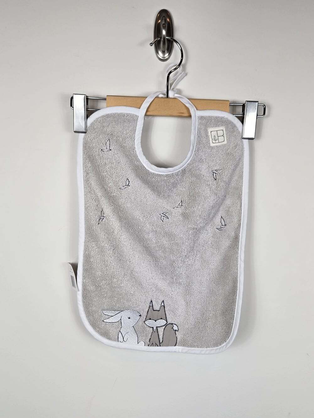 Carré Blanc Paris Baby Bib Gray Fox Rabbit Birds Organic Cotton NWT 11x16